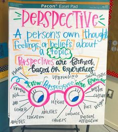 a white board with writing on it in front of a bulletin board that says perspective