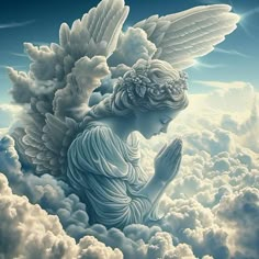 an angel sitting in the clouds with her hands clasped to her chest and looking down