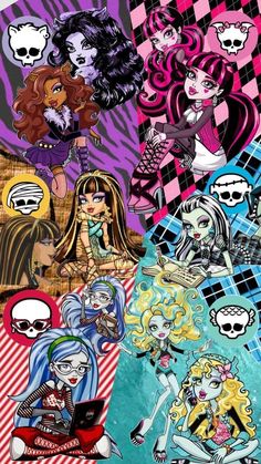 the monster girls collage has been created with different colors and shapes, including skulls