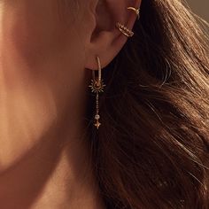 Sunlit Drop Gold Earrings | Wanderlust + Co Wedding Hoops Earring, Ear Piercings Design, Jewerly Earrings, Drop Gold Earrings, Asymmetric Earrings, Fantasy Earrings, Wanderlust And Co, Rose Gold Jewellery, Gold Huggie Earrings