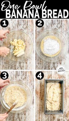 instructions to make banana bread in glass bowls on a wooden table with text overlay