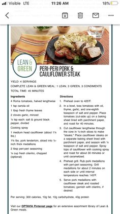 the menu for lean green's steak and cauliflower steak is shown in this screenshot