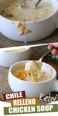 two pictures of soup being served in white bowls