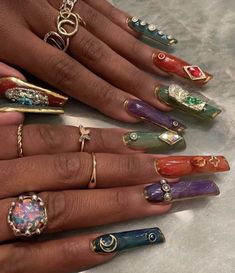 Meg The Stallion Nails, Jewel Tone Nails Acrylic, Mexico Acrylic Nails, Stacycore Aesthetic, Nails 90s Aesthetic, India Love Nails, Red 90s Nails, Masquerade Nails, Kali Uchis Nail Ideas