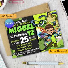 Ben 10 Party, Ben 10 Birthday, 10th Birthday Invitation, Easy App, 10 Birthday, Easy Apps, Canva App, Office Max, Digital Invitation