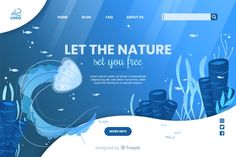 an image of a website page with blue water and seaweeds on the bottom