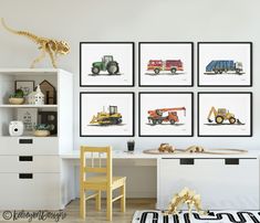 there are four framed pictures on the wall above a desk and chair in this child's room