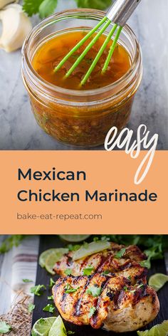 mexican chicken marinade in a jar with limes and cilantro on the side