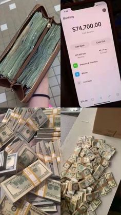 a bunch of money sitting on top of a table next to a phone and wallet