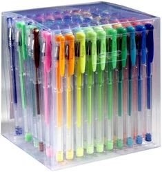 a clear plastic box filled with lots of different colored pens