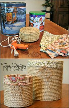 three different baskets sitting on top of a wooden table next to a canister and other items