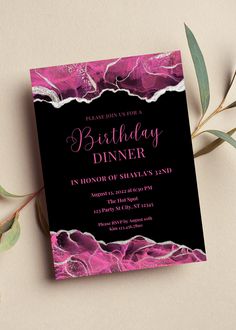 a pink and black birthday dinner party card