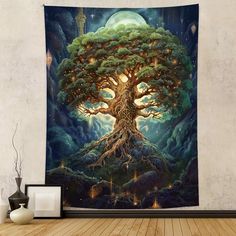 a wall hanging tapestry with a tree in the middle