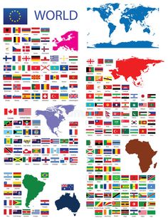 the world map with all countries and their flags on white background stock photo - image