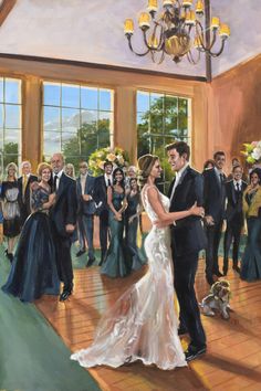 a painting of a bride and groom dancing in front of their guests at a wedding