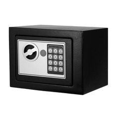 a black and silver electronic safe on a white background