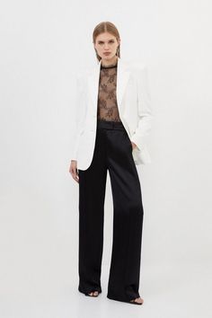 Viscose Satin Back Crepe Wide Leg Pants | Karen Millen Satin Trousers, Short Playsuit, Work Trousers, Trending Sunglasses, Pants Design, Tailored Pants, Shop Mens Clothing, Karen Millen, Work Pants