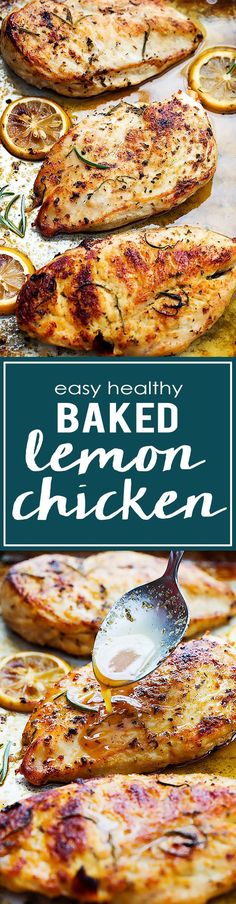 baked lemon chicken is shown with a spoon in the foreground and on the background