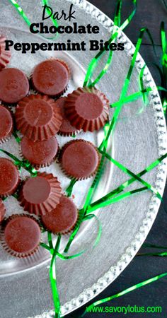 chocolate peppermint bites on a plate with green grass