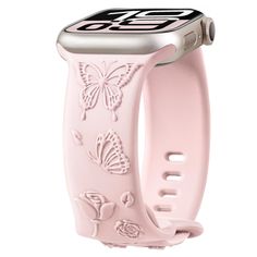 PRICES MAY VARY. 【Exquisite Embossed】This Apple Watch band features a raised floral and butterfly pattern for artistic 3D effect. The butterflies dance in a spring garden with youthful vigor. Suitable for both daily and dressy looks, the band's design is filled with romance, adding beauty to your iWatch. 【Show Your Personality】Vibrant flowers exhibit the beauty of nature, enhancing your vitality. The dancing butterfly symbolizes transformation and freedom, expressing your desire for continuous growth and liberty. These two patterns fully interpret your personality, characterized by constant change and pursuit of progress. 【Super Soft Comfortable】The Apple Watch bands are made of high-grade silicone material. They are very soft and lightweight, providing extreme friendliness to your skin an Apple Watch Bracelet Band, Apple Watch Bands For Women, Pink Apple Watch Band, Iphone Watch Bands, Bands For Apple Watch, Apple Watch Bands Women, Apple Watch Bands Sports