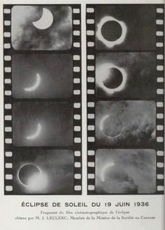 film strips showing the phases of eclipses in different directions, with clouds and sun behind them