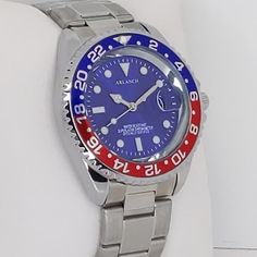 Men's Diver Style Watch Pepsi Bezel Stainless Bracelet 40mm Style Watch, Dive Watches