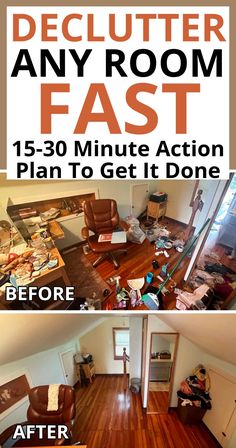 the before and after pictures of a living room makeover with wood flooring, furniture and