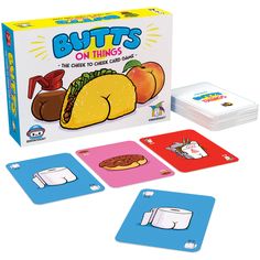 the card game butts on things has four matching cards and two matching dicers