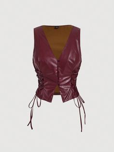 Plus Size Women Waist Gather PU Leather Split Front Cropped Length Tank Top Burgundy Casual   Woven Fabric Colorblock,Plain Tank Non-Stretch  Women Plus Clothing, size features are:Bust: ,Length: ,Sleeve Length: Glam Tops, Cropped Vest, Casual Vest, Plus Size Tank Tops, Shein Tops, Wine Red, All Fashion