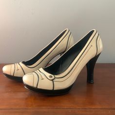 Charles David Genuine Leather Vintage Look Platform Pumps. Never Worn. Beautiful Two Tone Leather, 3 1/2 Inch Heels. Size 7 1/2. Final Sale. Cream Patent Leather Heels, Medium Width, Cream Patent Leather Heels Medium Width, Medium Width Cream Patent Leather Heels, Cream Leather Heels With 4-inch Heel, Cream Leather Heels Medium Width, Cream Round Toe Heels For Work, Vintage Beige Heels Medium Width, Classic Cream Round Toe Heels, Vintage Beige Medium Width Heels