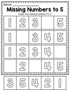 the missing numbers to 5 worksheet is shown in black and white with an image of