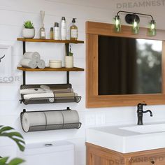 the bathroom is clean and ready to be used as a storage area for toiletries