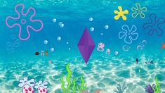 an underwater scene with various sea life and bubbles in the water, including starfish