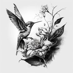 a black and white drawing of a hummingbird flying over flowers