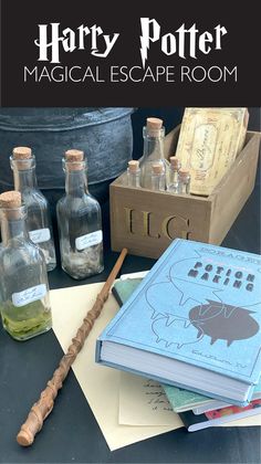 harry potter's magic escape room with books, bottles and an old wooden stick