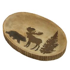 a wooden box with moose and bear designs on it