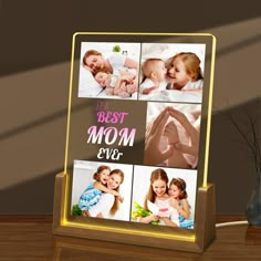 the best mom ever photo collage is displayed on a wooden stand