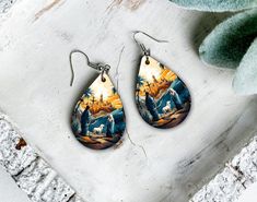 Hand Painted Adjustable Teardrop Jewelry, Gold Hand-painted Teardrop Earrings, Artisan Hand-tooled Teardrop Earrings, Artsy Teardrop-shaped Earrings, Teardrop Earring Sublimation, Visual Representation, Christmas Nativity, Teardrop Earrings, Nativity