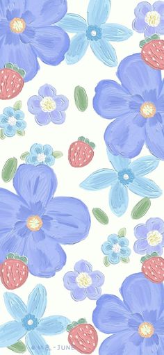 blue flowers and strawberries are painted on a white background with pink, purple, and green leaves