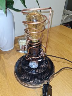 an old fashioned light bulb sitting on top of a wooden table next to a plant