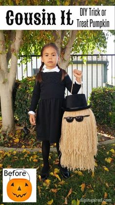 Detailed step by step tutorial for a DIY Cousin It trick or treat pumpkin for a Wednesday Addams Halloween costume. Cousin It Diy, Halloween Fantasia, Pelottava Halloween, Cousin It, Wednesday Addams Costume, Dekorasi Halloween, Spooky Halloween Costumes, Harry Potter Halloween