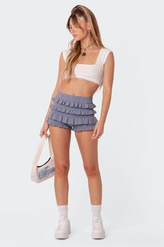 PRODUCT INFO Bloomer Shorts Knitted fabric Ruffle design Acrilan Model wears size XS/S Model height is 5'6 Item care: Hand wash Ruffle Shorts Outfit, Frilly Shorts, Knitted Shorts, Bloomer Shorts, Ruffle Bloomers, Bloomers Shorts, Ruffle Design, Knit Bottom, Ruffle Shorts