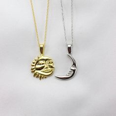 Looking for a perfect gift for your special someone or a friend? Look no further than our handmade Sun and Moon Necklace Set! These matching necklaces are a symbol of the eternal bond between two people, making them the ideal friendship or soulmate necklace. Sun Necklace is 14k gold plated necklace and Moon Necklaece is sterling silver. Crafted with love and care, our Sun and Moon Necklace Set is a beautiful piece of handmade jewelry that will be cherished for years to come. The attention to det Silver Moon Charm Necklace For Gift, Moon Shaped Sterling Silver Jewelry For Mother's Day, Celestial Sun And Moon Design Necklace As Gift, Celestial Necklaces With Sun And Moon Design For Gift, Celestial Jewelry For Mother's Day Gift, Personalized Celestial Necklaces For Gifts, Personalized Celestial Necklaces For Gift, Celestial Sterling Silver Necklace Gift, Celestial Sterling Silver Necklaces As A Gift