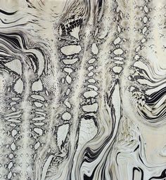 an abstract painting with black and white lines on the surface, as if it were liquid paint