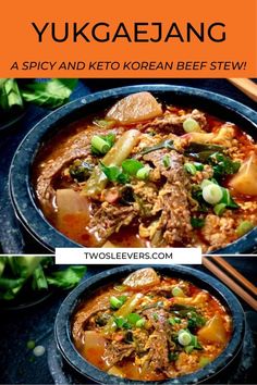 two bowls filled with beef and vegetable stew next to chopsticks on the side