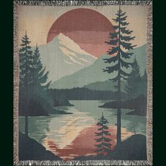 a tapestry with the sun setting over a mountain lake and pine trees on one side