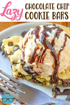 chocolate chip cookie bars on a plate with ice cream and chocolate drizzles