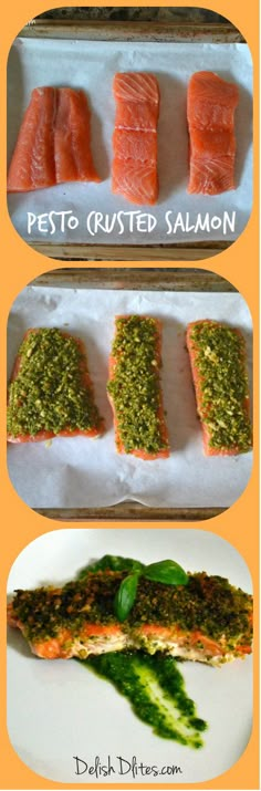 four different types of salmon on trays with pesto crusted salmon in them