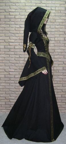 This listing is for the dress above to be made in dark green velvet with trim one gents hooded cape one ladies hooded cape. Capes are to be plain black and made to the shape of photos sent and discussed. فستان سهرة, Fantasy Costumes, Fantasy Dress, Fantasy Clothing, Fantasy Fashion