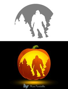 an image of a bigfoot pumpkin with the silhouette of a man and trees on it